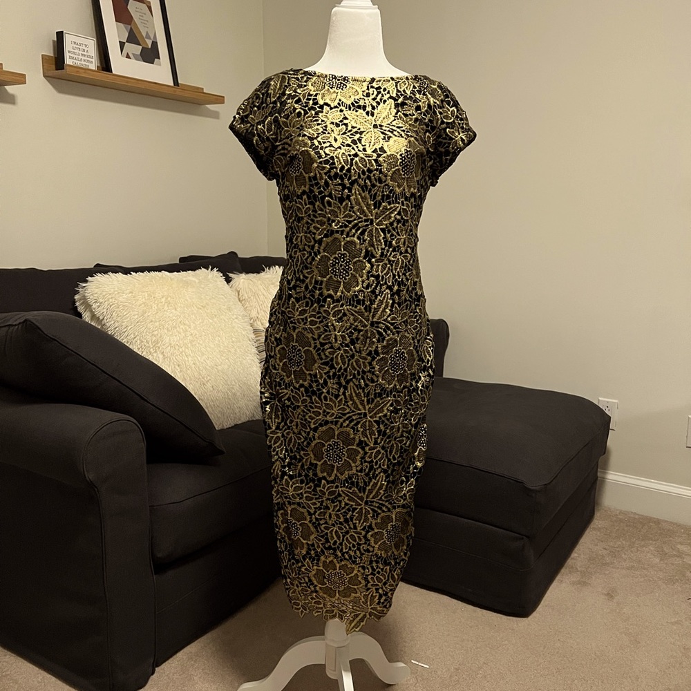 ECI Black and Gold Lace Cocktail Dress